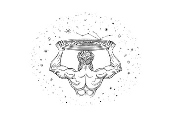 Illustration of a muscular figure holding a disc with a constellation above against a starry background