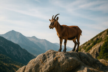 Mountain goat standing proudly on a rocky outcrop with mountains behind