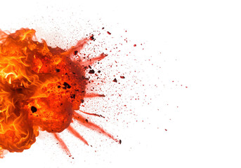 A powerful explosion bursts forth, isolated on transparent background, scattering fiery debris and showcasing raw energy
