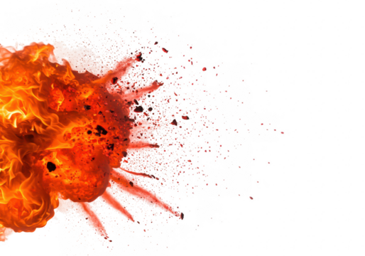 A powerful explosion bursts forth, isolated on transparent background, scattering fiery debris and showcasing raw energy