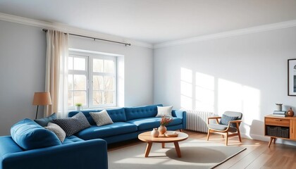 Blue sofa, Scandinavian living room, window view, natural light, minimalist decor, clean, cozy