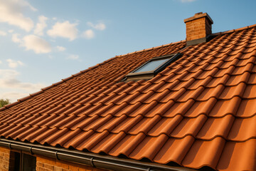 Close-up view of a tiled rooftop with a skylight window