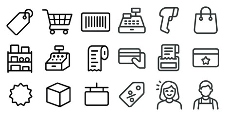 Retail and shopping outline icons set – cart, barcode, payment symbols