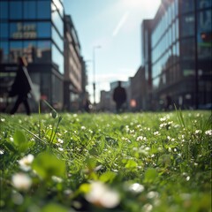 Urban park scene, sunny day. City buildings in background, grassy foreground