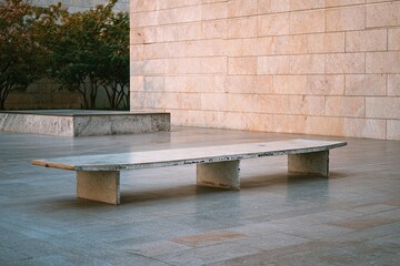 Modern marble bench in a paved courtyard