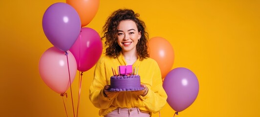 The joyful woman holding a birthday cake surrounded by colorful balloons.