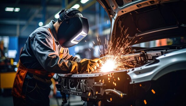 Auto body welding in progress - Powered by Adobe