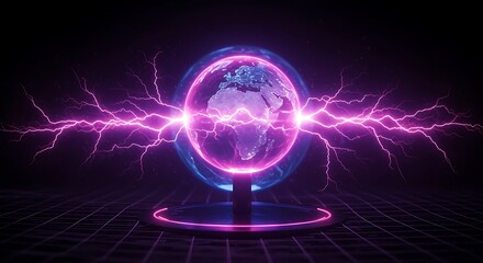 Futuristic Earth Globe Enclosed in Energy Shield with Electric Lightning Bolts Emanating from It in a Dark Environment