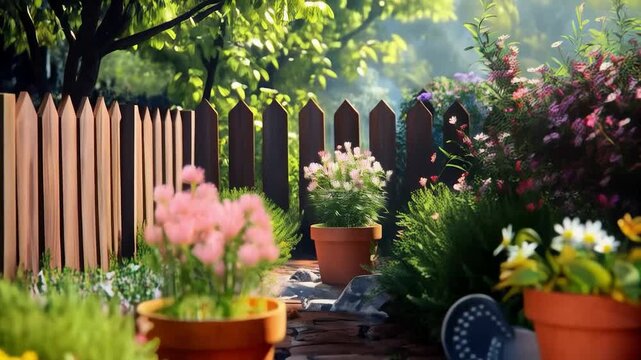 Cozy garden with potted flowers and tools on wooden table. Suitable for content about gardening and home comfort.
