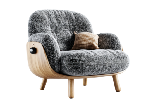 Stylish armchair with gray upholstery and wooden frame on transparent background