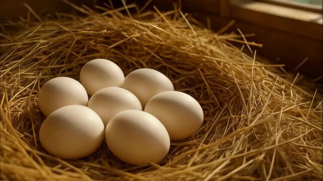 Fresh organic chicken egg in a bird nest of hay. Natural farm habitat producing food. Agriculture and animal husbandry footage.