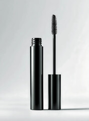 A black mascara tube and brush isolated on white background