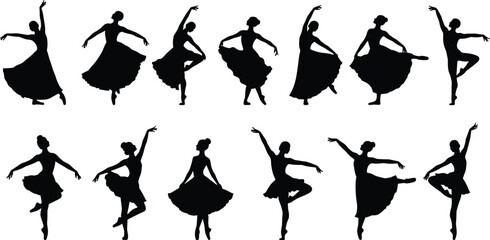 Ballet dancer silhouette collection, graceful ballerina poses, elegant dance action, female ballet dancer clipart, graceful movement vector set.