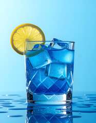Refreshing Bright Blue Alcoholic Drink Cocktail with Lemon and Ice