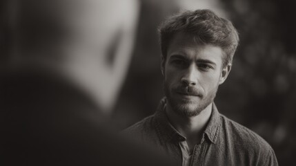 Intense Monochrome Portrait of a Young Man Facing Another Person in Shadow