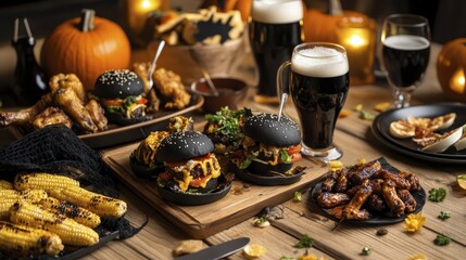 Festive halloween feast with gourmet burgers, drinks, and decorations