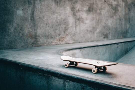 Skateboard resting on a concrete ramp in a skatepark - Powered by Adobe