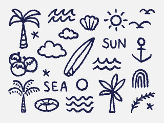 beach set drawing sun sea palm cloud wave shell clamp coconut banana starfish anchor surf 