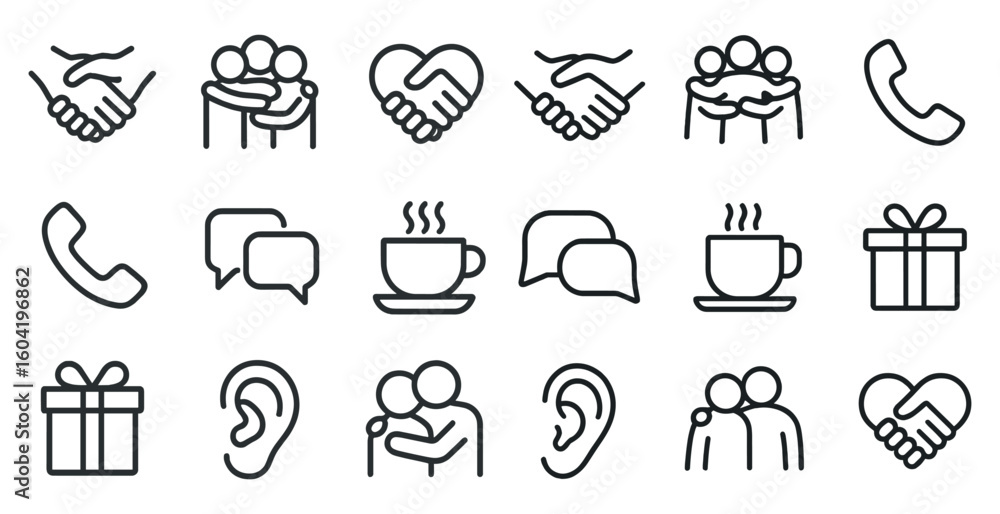 Poster communication and connection outline icons set – minimalist, linear message symbols