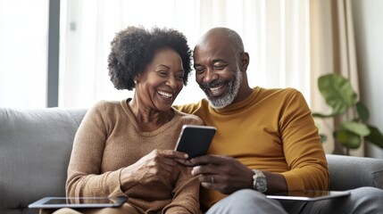 Happy senior couple enjoying smartphone together on cozy sofa at home