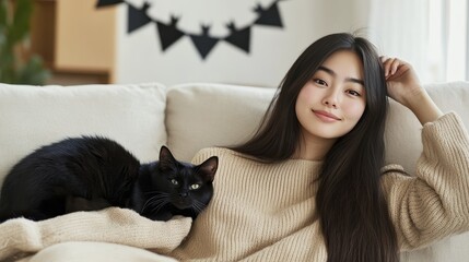 Cozy afternoon with woman and black cat relaxing on a couch in sunlit living room