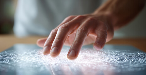 A focused man engages with an interactive digital display in a sleek office setting. His hand makes contact with glowing elements that represent data, showcasing innovation in marketing strategies.