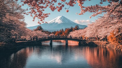 Fototapeta premium Cherry blossoms, Fuji, bridge, and calm water