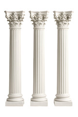 White corinthian columns trio classic greek roman style architectural design with detailed capital isolated on transparent background