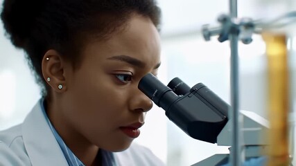 Focused Black scientist using a microscope in a modern laboratory.