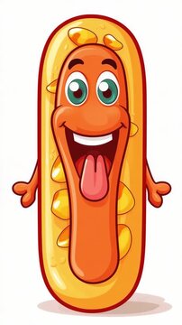 Hot dogs logo design with funny characters. Smiling hot dog cartoon mascot character. Fast food Illustrative video Isolated on white background with copy space.
