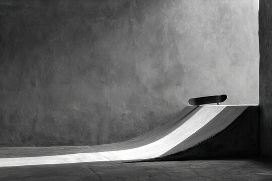 Black and white skatepark ramp.  A skateboard rests on a ramp in a minimalist indoor skatepark