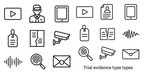 Trial evidence linear icons set &ndash; investigation, forensics, security symbols