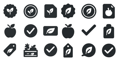 Organic food silhouette icons set – filled, solid, natural and eco-friendly symbols