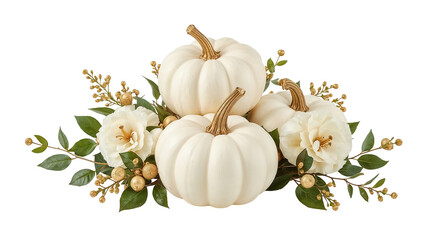 Elegant autumn centerpiece of white pumpkins, ivory flowers, and golden berry sprigs on black background.