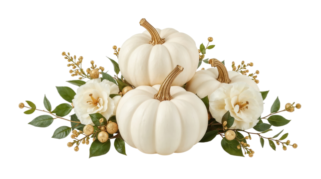 Elegant autumn centerpiece of white pumpkins, ivory flowers, and golden berry sprigs on black background.