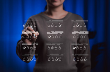 Online Test and Survey Form with Multiple Choice Answers. Woman interacting with choice exam or survey forms, symbolizing online education, assessments, checklists, and data collection technologies.
