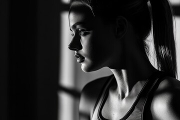 Young woman in shadowed light, contemplative pose. Neural network AI generated