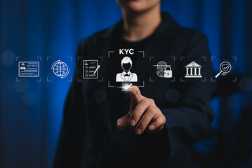 Know Your Customer KYC Digital Identity Verification Concept. Person touches virtual KYC with icon biometric, ID, document, procedures, identity verification, and secure compliance processes.