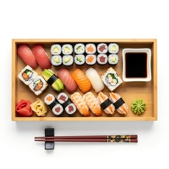 Japanese sushi set with soy sauce on wood platter 