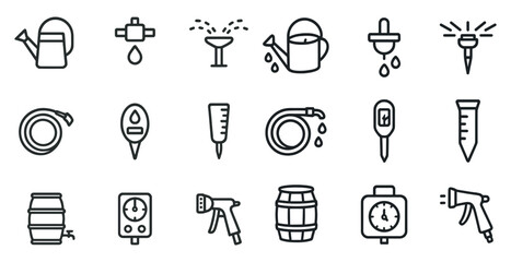 Gardening and irrigation linear icons set – outline, watering, and planting symbols