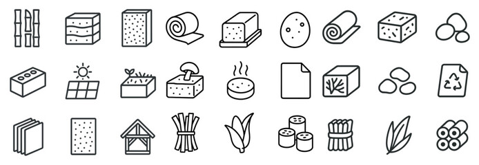 Eco-friendly material outline icons set – linear, sustainable, green building symbols