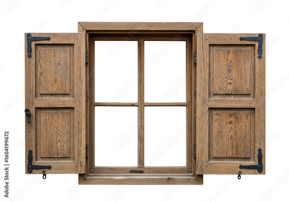 Poster an open wooden window with shutters isolated on transparent background shows a rustic and vintage de