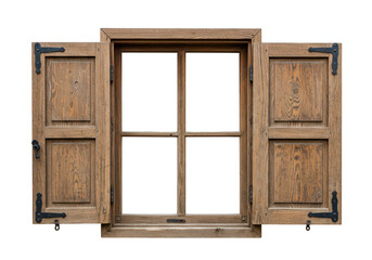 An open wooden window with shutters isolated on transparent background shows a rustic and vintage design