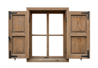 An open wooden window with shutters isolated on transparent background shows a rustic and vintage design