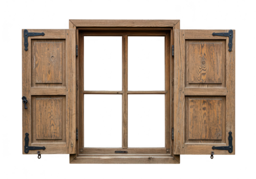 An open wooden window with shutters isolated on transparent background shows a rustic and vintage design - Powered by Adobe