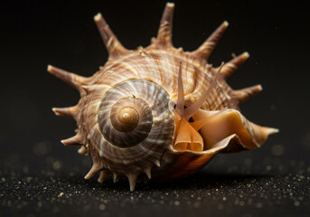 Obraz premium Intricate spiny seashell reveals delicate snail emerging, showcasing natural beauty and aquatic life in stunning macro detail against a dark, textured background