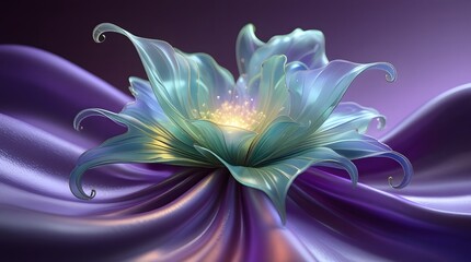 Fototapeta premium Colorful Abstract Bloom – Blue, Green, and Yellow Petals on Flowing Fabric Backdrop