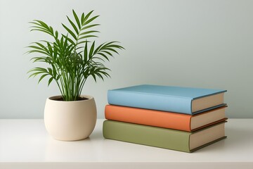 Minimal Desk with Green Potted Plant and Colorful Books in Soft Light