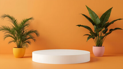 The minimalistic product display features a white pedestal on an orange surface, surrounded by lush green potted plants, showcasing a clean, modern, and vibrant style with soft lighting.