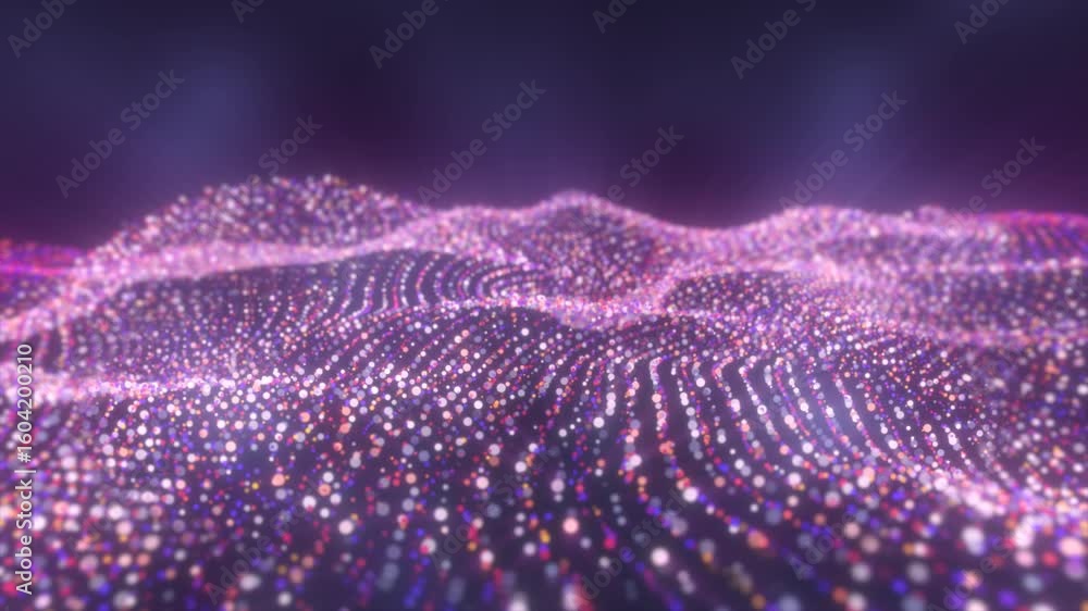 Poster pink and white glowing dots forming digital waves over a violet background with soft motion and dept